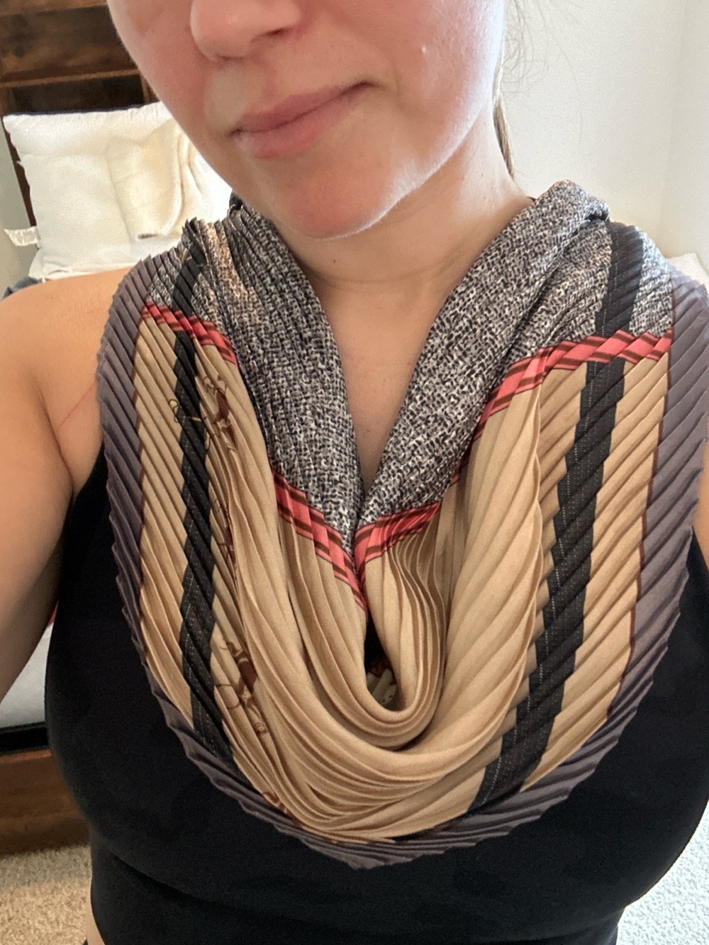 Elegant Geometric Square Accent Scarf in Brown, Tan and Red
